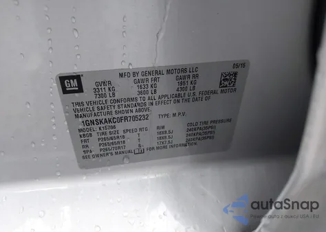 2015 Chevrolet Tahoe K1500 Ls из США, поврежденный, VIN 1GNSKAKC0FR705232